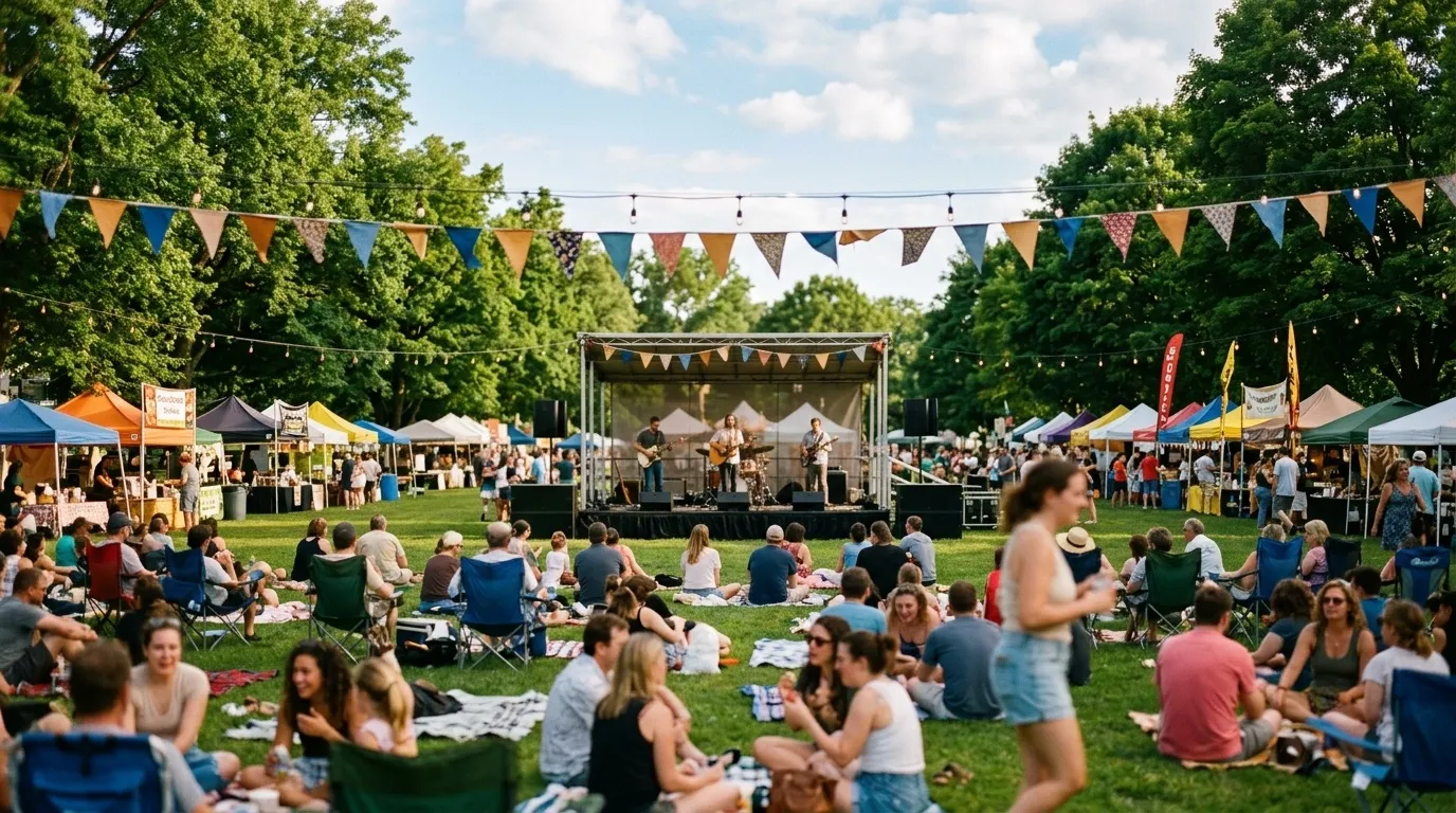 Summer festival in a Central New York town with a live music stage, crowd, tents, and string lights